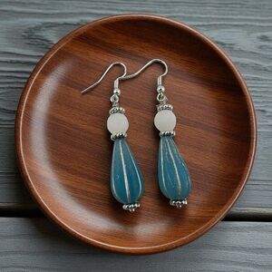 Blue Melon Teardrop & White Jade Earrings Czech Glass 925 Sterling Silver